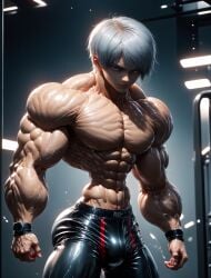 abs ai_generated big_ass black_bracelet bulge huge_deltoids hyper_muscles ken_kaneki latex_underwear male_only muscle muscles muscular muscular_male simple_background slim_waist sole_male stable_diffusion traps