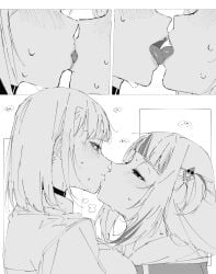 2girls carrot_011 clothed comic female_only gawr_gura hair_ornament hololive hololive_english hololive_myth holomyth kissing medium_hair monochrome tongue_kiss virtual_youtuber watson_amelia yuri