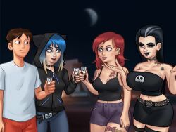 1boy 2d 3girls big_breasts black_hair black_lipstick blue_hair bottle bottomwear bra breasts brown_hair choker cleavage clothed clothing darkcookie digital_drawing_(artwork) digital_media_(artwork) eve_(summertime_saga) female goth goth_girl grace_(summertime_saga) holding holding_object hood hood_up hooded_jacket jacket jean_shorts light-skinned_female light-skinned_male light_skin lipstick looking_at_another looking_at_partner main_character_(summertime_saga) male male/female odette_(summertime_saga) pants red_hair redhead shorts shot_glass skirt summertime_saga surprised surprised_expression tank_top tattoo tattoos topwear two_tone_hair