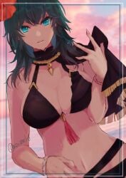 1girls alternate_costume bikini black_bikini black_cape black_swimsuit blue_eyes blue_hair breasts byleth_(fire_emblem) byleth_(fire_emblem)_(female) byleth_(summer)_(fire_emblem)_(female) cape cleavage cloud commentary_request female female_only fingernails fire_emblem fire_emblem:_three_houses fire_emblem_heroes flower hair_flower hair_ornament hibiscus large_breasts long_hair looking_at_viewer mocha_(motiko0419) navel nintendo official_alternate_costume red_flower sky solo stomach swimsuit twitter_username wet