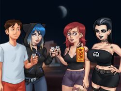 1boy 2d 3girls big_breasts black_hair black_lipstick blue_hair bottle bottomwear bra breasts brown_hair choker cleavage clothed clothing darkcookie digital_drawing_(artwork) digital_media_(artwork) eve_(summertime_saga) eye_roll female goth goth_girl grace_(summertime_saga) holding holding_object hood hood_up hooded_jacket horny horny_male jacket jean_shorts light-skinned_female light-skinned_male light_skin lipstick looking_at_another looking_at_partner looking_to_the_side main_character_(summertime_saga) male male/female odette_(summertime_saga) pants red_hair rolling_eyes shorts shot_glass skirt smile smiling summertime_saga surprised surprised_expression tank_top tattoo tattoos topwear two_tone_hair