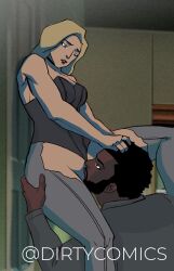 black_canary black_choker black_lightning blonde_hair choker cunnilingus dark-skinned_male dark_skin dc dc_comics dinah_lance dirtycomics green_arrow_(series) holding_head holding_partner interracial jefferson_pierce light-skinned_female light_skin oral oral_sex torn_clothes torn_pantyhose watermark young_justice