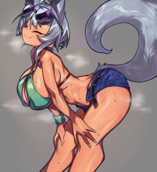 blank_background closed_eyes fangs fur glasses glasses_on_head grey_background grey_fur grey_hair grey_tail oerba_yun_fang plain_background sunglasses sunglasses_on_head sweat sweatdrop sweating sweaty sweaty_body sweaty_breasts sweaty_butt tan tan-skinned_female tan_body tan_skin tanned tanned_skin waa153 wolf wolf_ears wolf_girl wolf_humanoid wolf_tail