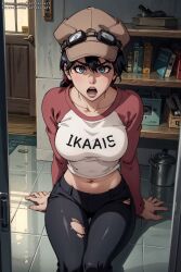 1girls ai_generated ass_visible_through_thighs big_breasts black_jeans bleach goggles hat ikumi_unagiya navel sitting solo stomach tagme torn_clothes vertiloart