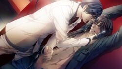 2boys bishonen black_hair censored censored_genitalia censored_penis dominant_male fear forced_yaoi game_cg gun gun_to_head handjob indoors jj_(omerta) liu_jien_(omerta) male male/male male_only male_rape_victim masturbation mosaic_censoring non-web_source omerta_chinmoku_no_okite partially_clothed png sweat threatening toned toned_male white_skin yaoi