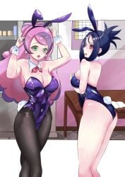 2girls alternate_costume animal_ears ass bare_legs bare_shoulders black_hair black_leotard breasts bunny_ears bunny_girl bunny_tail bunnysuit cleavage collarbone cross_scar dendra_(pokemon) detached_collar earrings fake_animal_ears fake_tail female female_only flower_earrings game_freak green_eyes high_ponytail hips jewelry large_breasts leotard light_purple_hair long_hair miriam_(pokemon) multicolored_hair multiple_girls nintendo pantyhose playboy_bunny pokemon pokemon_(game) pokemon_sv purple_leotard rabbit_ears rabbit_tail red_eyes scar scar_on_face scar_on_forehead short_hair strapless strapless_leotard streaked_hair swept_bangs tail thick_thighs thighs wasa5747 wide_hips yellow_nails