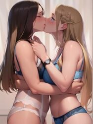 2girls ai_generated ai_mirror blonde_hair blue_bra blue_eyes blue_panties blue_underwear blush brown_hair closed_eyes curtains hugging kissing lesbian long_hair medium_breasts watch white_panties white_skin white_underwear yuri