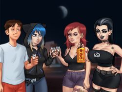 1boy 2d 3girls angry angry_expression big_breasts black_hair black_lipstick blue_hair bottle bottomwear bra breasts brown_hair choker cleavage clothed clothing darkcookie digital_drawing_(artwork) digital_media_(artwork) eve_(summertime_saga) female goth goth_girl grace_(summertime_saga) holding holding_object hood hood_up hooded_jacket horny horny_male jacket jean_shorts light-skinned_female light-skinned_male light_skin lipstick looking_at_another looking_at_partner looking_to_the_side main_character_(summertime_saga) male male/female odette_(summertime_saga) pants red_hair shorts shot_glass skirt smile smiling summertime_saga surprised surprised_expression tank_top tattoo tattoos topwear two_tone_hair unamused whiskey