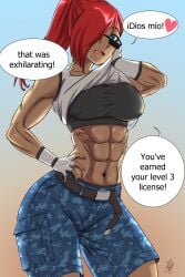 1girls abs belly big_breasts breasts clothed dialogue digital_media_(artwork) english_text female_abs female_only female_solo fossil_fighters human kayserend muscular muscular_female nevada_montecarlo red_hair shades shorts spanish_text sweaty tagme talking talking_to_viewer tanned tanned_female tanned_skin wiping_sweat