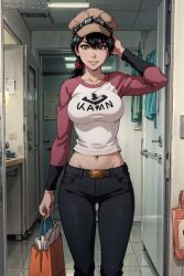 1girls ai_generated big_breasts black_jeans bleach goggles hat ikumi_unagiya navel shopping_bag solo standing stomach tagme vertiloart