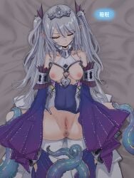 anus bare_shoulders breasts closed_eyes female fins grey_hair highres imminent_rape lock long_sleeves lying midriff murasaki_kagami nzla03 on_back orrdriver padlock pointy_ears pussy spread_legs stained_glass_print sweat tagme tearlaments_scheiren tentacle tiara torn_clothes twintails wet wet_clothes yu-gi-oh!