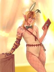 1boy androgynous animal_ears arm_tattoo artist_name bangs bare_shoulders blonde_hair blue_eyes blurry_background book bow bowtie bulge bulge_through_clothing bunny bunny_boy bunny_costume bunny_ears bunny_tail bunnysuit crossdressing cute cyborg detached_collar earrings fake_animal_ears femboy feminine feminine_male feminine_pose fishnet_pantyhose fishnets genderswap girly girly_boy hair_between_eyes hand_up holding hylian hylian_ears jewelry katamak kawaii leotard link link_(tears_of_the_kingdom) long_hair looking_at_viewer male male_focus male_only otoko_no_ko pantyhose parted_lips penis penis_bulge playboy_bunny pointy_ears posing possumdaddi post pretty_boy rabbit_ears rule_63 smile solo strapless strapless_leotard tattoo tears_of_the_kingdom the_legend_of_zelda the_legend_of_zelda:_breath_of_the_wild the_legend_of_zelda:_tears_of_the_kingdom trap white_leotard wide_hips