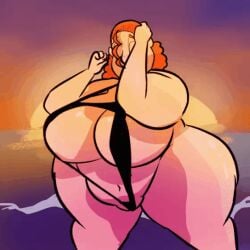 alternate_version_available animated bbw beach big_breasts chubby chubby_female creature_from_the_lake curvy exposed_breasts fat_ass huge_ass huge_breasts huge_thighs large_hips ocean public public_exposure public_nudity red_hair sand shamenando shelby_(creature_from_the_lake) sling_bikini thick_ass thick_thighs unaware water wide_hips