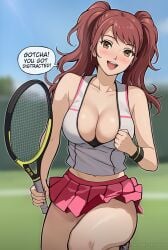 1girls ai_generated atlus breasts brown_eyes brown_hair cleavage dialogue english_text female highres kujikawa_rise large_breasts lepypepy light-skinned_female long_hair outdoors persona persona_4 solo sports_uniform sportswear tennis tennis_outfit tennis_uniform thick_thighs twintails