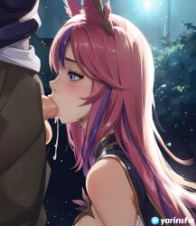 1boy 1girls ai_generated animal_ears blowjob blue_eyes blush blush clothing cum deepthroat face_fucking league_of_legends league_of_legends:_wild_rift penis pink_hair star_guardian_series star_guardian_xayah vastaya xayah