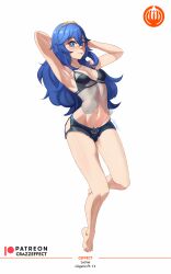 1girls armpits arms_behind_head arms_up bare_legs bare_midriff barefoot black_panties blue_eyes blue_hair bra breasts crazzeffect female female_only fire_emblem fire_emblem_awakening full_body hair_between_eyes legs lingerie long_hair looking_at_viewer lucina_(fire_emblem) midriff nightgown nintendo panties see-through small_breasts smile solo symbol-shaped_pupils tiara underwear white_background