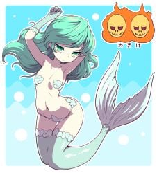 1girls character_request copyright_request female female_focus green_tail hiragana_(script) japanese_text mermaid mermaid_(shin_megami_tensei) mermaid_girl mermaid_tail nollety png shin_megami_tensei skimpy_bikini skull text