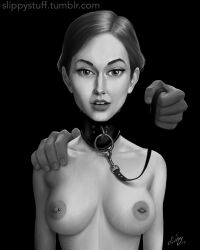 2017 bondage collar_ring female femsub hand_on_shoulder high_collar holding_leash human human_only leashed_collar light-skinned_female light_skin looking_at_viewer male_dominating_female male_domination medium_breasts nipple_barbell nipple_piercing nose_piercing nostril_piercing nostril_ring nude nude_female pierced_nipples slippystuff tight_collar