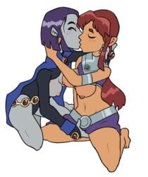 2girls alien_girl breasts cloak closed_eyes clothing dc exposed_breasts female female_only goth interspecies kissing kneeling multiple_girls nipples outerwear raven_(dc) red_hair starfire teasing teen_titans windstand yuri