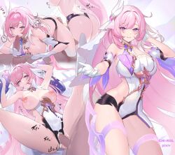 1boy 1girls areolae benghuai_xueyuan blowjob breasts censored chi-rol choker completely_nude cum cum_in_mouth cum_in_pussy elf elysia_(herrscher_of_human:ego) female hair_ornament honkai_(series) honkai_impact_3rd large_breasts light-skinned_female looking_at_viewer lying nipples on_all_fours on_back pink_eyes pink_hair pointy_ears pussy slapping_ass smile standing symbol-shaped_pupils very_long_hair