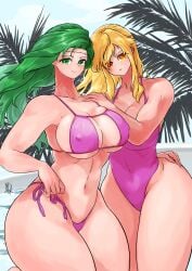 2girls annand_(fire_emblem) bare_thighs bikini blonde_hair breasts cleavage covered_nipples curvy female female_only fire_emblem fire_emblem:_genealogy_of_the_holy_war huge_breasts kneeling lachesis_(fire_emblem) large_breasts multiple_girls nintendo one-piece_swimsuit open_mouth outdoors pink_bikini pink_one-piece_swimsuit pink_swimsuit pool sideboob smile swimsuit ta_dasu_(tadasu_hayashi) thick_thighs thighs underboob voluptuous yellow_eyes