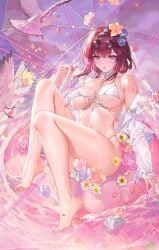 :o atdan bird birds feet flower flower_in_hair holding_object honkai:_star_rail honkai_(series) kafka_(honkai:_star_rail) large_breasts lotus_(flower) micro_bikini one_foot_raised painted_nails painted_toenails raised_leg red_fingernails signature spider_web sunglasses_on_head thighs umbrella wet_skin