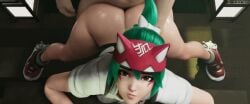 3d ambiguous_penetration asian asian_female brown_eyes from_behind geckoscave generic_male glowing_eyes green_eyes green_hair kiriko_(overwatch) looking_at_viewer overwatch spread_legs