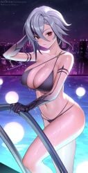 arlecchino_(genshin_impact) bikini cityscape coming_out_of_water cross_pupils fanbox_url genshin_impact huge_breasts pantheon_eve patreon_username swimming_pool thick_thighs watermark wet wide_hips x_pupils