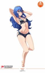 1girls armpits arms_behind_head arms_up bare_legs bare_midriff barefoot black_panties blue_eyes blue_hair bra breasts crazzeffect female female_only fire_emblem fire_emblem_awakening full_body hair_between_eyes legs lingerie long_hair looking_at_viewer lucina_(fire_emblem) midriff nintendo panties small_breasts smile solo symbol-shaped_pupils tiara underwear white_background