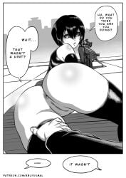 1boy 1girls ablyssmal accurate_art_style anus ass ass_focus big_ass bob_cut bottomless confusion dark_sclera english_text female female_focus gun innie_pussy kengan_(series) kengan_ashura kure_fusui kure_henzo looking_back monochrome on_stomach pov pussy short_hair sniper sniper_rifle solo_focus speech_bubble thigh_grab thighhighs uncensored weapon