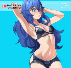 1girls armpits arms_behind_head arms_up bare_midriff black_panties blue_background blue_eyes blue_hair bra breasts crazzeffect female female_only fire_emblem fire_emblem_awakening hair_between_eyes lingerie long_hair looking_at_viewer lucina_(fire_emblem) midriff nintendo panties small_breasts smile solo symbol-shaped_pupils tiara underwear upper_body