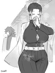 1boy 1girls big_breasts black_and_white busty clothed clothed_female covering_mouth cum_stain demon_slayer female female_focus heat heavy_breathing hourglass_figure implied_after_fellatio implied_fellatio kimetsu_no_yaiba kochou_shinobu light-skinned_female light_skin male monochrome musk_clouds pubic_hair_on_face scent skwd solo_focus steam sweat thick_thighs tomioka_giyuu wide_hips