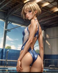 1girls ai_generated ass athletic blonde_hair blue_eyes breasts cameltoe curvy_figure detailed eyelashes female female_only fit fit_female from_behind hair high_quality light_hair lipstick looking_at_viewer mascara one-piece_swimsuit original_character pussy short short_hair skinny small_breasts solo stable_diffusion swimming_pool swimsuit swimwear tagme tan_body tanned tanned_female tanned_skin thin thin_waist
