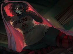 2022 2d anthro artist_name black_body black_hair breast collar dark-skinned_female eyelashes fangs female female_only furry_female glowing_eyes hair looking_at_viewer looking_down looking_down_at_viewer mammal mammal_humanoid pussy pussy_juice red_eyes red_panties scp-1471 scp_foundation sharp_teeth sheet_grab sheets skeleion skull solo solo_female spiked_collar spikes teeth teeth_showing text voluptuous white_shirt window