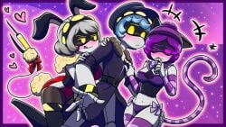 1girls 2girls blush bunny_ears cat_ears catgirl_costume female female_only glitch_productions licking_lips murder_drones n_(murder_drones) robot robot_boy robot_girl robot_humanoid robot_joints robotic robotic_arm robotic_arms robotic_leg robotic_legs uzi_(murder_drones) v_(murder_drones)