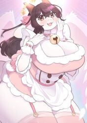 anthro bell bell_collar big_breasts blush breasts cleavage cute female garter_straps horn horns stockings thick_thighs thighhighs underchikichan wide_hips