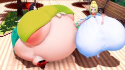 2girls 3d areola_slip areolae belly big_belly big_breasts black_hair blonde_hair breasts expansion female huge_belly hyper_belly hyper_breasts inflation jinvin lillie_(pokemon) pokemon selene_(pokemon)