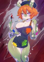 1girls :3 apron apron_only big_breasts blush bob_cut breast_squish cleavage curvaceous curvy ear female genshin_impact green_skin mamere_(genshin_impact) melusine_(genshin_impact) monster_girl niniidawns orange_hair paint paint_splatter paintbrush purple_eyes short_hair smock solo solo_female solo_focus sparkles tail thick_thighs thighs