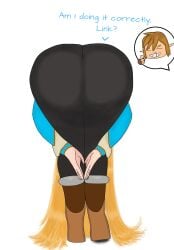 1girl 1girls amen_pose ass back_view bending_over bent_over black_legwear black_tights blonde_hair boots breath_of_the_wild cherrypicker chibi dat_ass english english_text fat_ass hair_on_floor human large_ass leggings link_(breath_of_the_wild) long_hair nintendo nosebleed pawg praise_da_booty_(meme) princess_zelda self_upload text the_legend_of_zelda the_legend_of_zelda:_breath_of_the_wild thick_thighs thighs very_long_hair white_background zelda_(breath_of_the_wild)