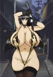 big_areola big_ass big_breasts big_thighs black_hair cameltoe choker cow_print erect_nipples_under_clothes gloves hime_cut katana large_areolae large_ass large_breasts large_thighs long_hair serious shion_(tinboryte_oc) sling_bikini thighhighs tinboryte