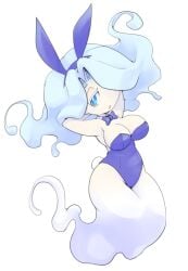 1girls arms_behind_head blue_clothing blue_eyes blue_hair bowtie breasts bunny_ears bunnysuit enraenra female ghost ghost_girl large_breasts nollety one_eye_covered open_mouth smogmella solo white_background yo-kai(species) yo-kai_watch yokai youkai youkai_watch