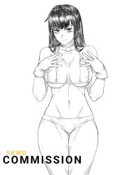 1girls black_clover black_hair breasts breasts_outside clothed clothed_female commission embarrassed light-skinned_female light_skin looking_at_viewer loropechika medium_breasts skwd swimsuit swimwear thick_ass thick_thighs