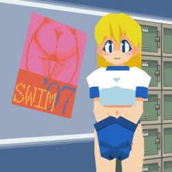 1:1_aspect_ratio 3d blonde_hair blue_eyes blue_gloves blue_swimwear bouncing_breasts bowing breasts changing_room clothing cute female female_only freckles gloves light-skinned_female light_skin low_poly navel pocketbell4649 shirt solo stomach white_shirt