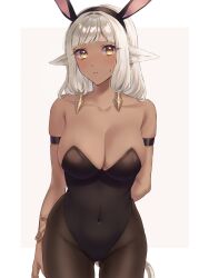 1girls alternate_costume animal_ears ash_(fire_emblem) ass_visible_through_thighs bare_shoulders black_horns black_leotard blush breasts brown_eyes bunny_ears bunny_girl bunnysuit cleavage collarbone cow_ears cow_girl cow_tail dark-skinned_female dark_skin fake_animal_ears female female_only fire_emblem fire_emblem_heroes highres horns large_breasts leotard long_hair looking_at_viewer nintendo pantyhose playboy_bunny rabbit_ears shoulders solo strapless strapless_leotard tail tomo_shirasu white_hair