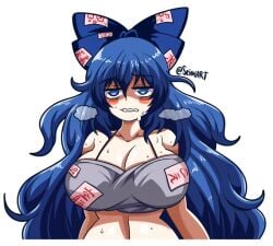 1girls big_breasts blue_eyes blue_hair bow cleavage curvy curvy_female huge_breasts light-skinned_female long_hair seireiart shion_yorigami solo solo_female steam sweat sweaty_body tired_eyes topwear touhou watermark white_background