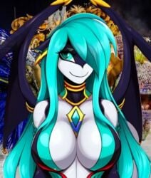 ai_generated anthro big_breasts blue_eyes blue_hair brazil breasts carnival cetacean costume dragon female female_focus focus furry hibrid marine modification muse orca original party penelope_(rainbowscreen) public rainbowscreen rainbowscreen_(character) stadium suit wings