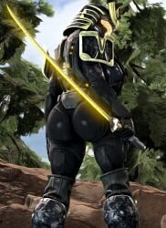 1girls 2d_(artwork) ac_3_0_wisp armor ass breasts dat_ass female_spartan_(halo) halo_(series) helmet holding_weapon large_ass large_breasts looking_back spartan_(halo) thighs