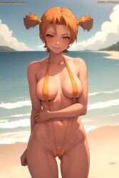 ai_generated alisa_(everlasting_summer) beach everlasting_summer lenjoy orange_eyes orange_hair short_hair sling_bikini slingshot_swimsuit twintails watermark