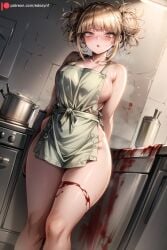 ai_generated apron arms_behind_back bangs bare_shoulders blonde_hair blood blood_on_clothes blood_on_face blunt_bangs blush boku_no_hero_academia breasts collarbone double_bun edosynf female hair_bun highres himiko_toga indoors kitchen large_breasts looking_at_viewer messy_hair my_hero_academia naked_apron sideboob solo thick_thighs thighs toga_himiko wide_hips yellow_eyes