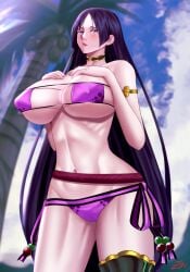 1girls big_breasts bikini bikini_bottom bikini_top blush bottomwear breasts cleavage eyepatch_bikini fate/grand_order fate_(series) female female_only hair hands_on_breasts huge_breasts long_hair mature mature_female mature_woman milf minamoto_no_raikou_(fate/grand_order) neckwear purple_bikini purple_eyes purple_hair solo solo_female swimwear thighs topwear zinfian